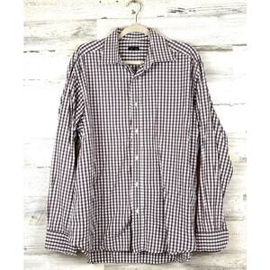 J. Peterman Brown White Plaid Button Down Shirt Mens L Cotton Casual
